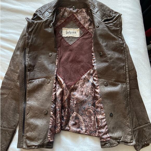 Jakett New York Leather Biker Moto Jacket Asymmetrical Zip Cargo Pocket Brown - Picture 5 of 13